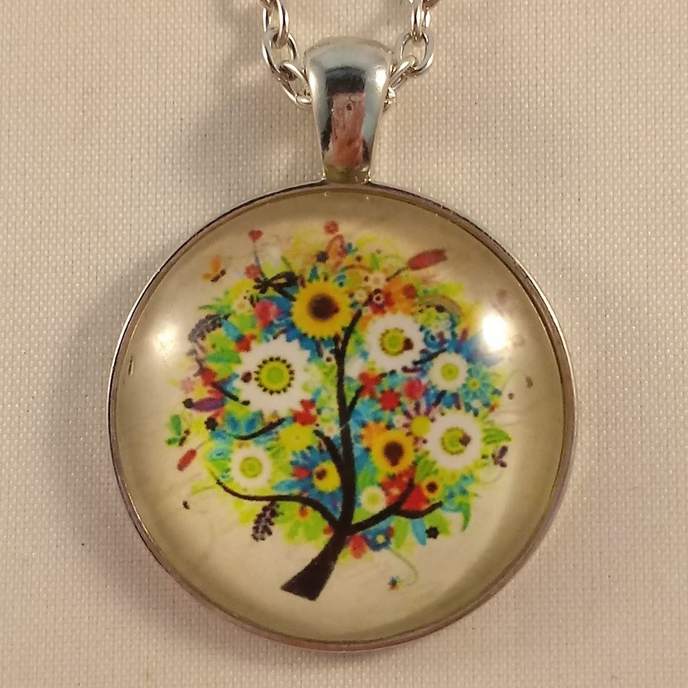 Silver Flower Tree of Life Cabochon Necklace